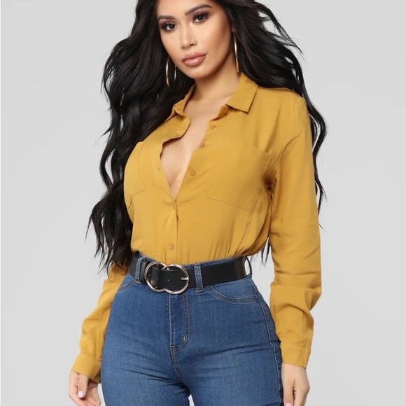 Fashion Nova Tops - Fashion Nova Mustard Button-Down Shirt  Aurora Woven Top